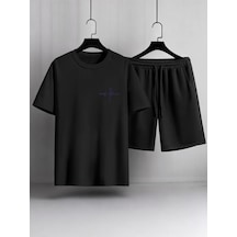 Uyguntarz Unisex Cep İmza Tasarım Basklı Tshirt Şort Takımı Siyah