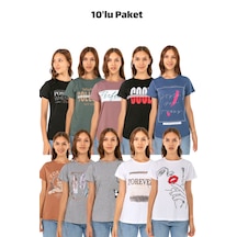 Kadın Penye Baskılı 10'lu Paket T-shirt
