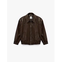 Koton Klasik Yaka Cepli Fermuarlı Suni Deri Oversize Bomber Ceket Kahverengi 6wal20150ıw Kahve