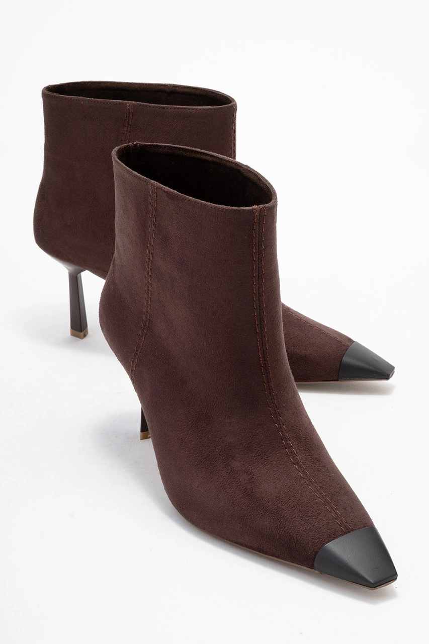 Luvishoes Luvi Shoes Rassel Kahverengi Süet Mat Burunlu Kadın İnce Topuklu Bot Süet Kahve