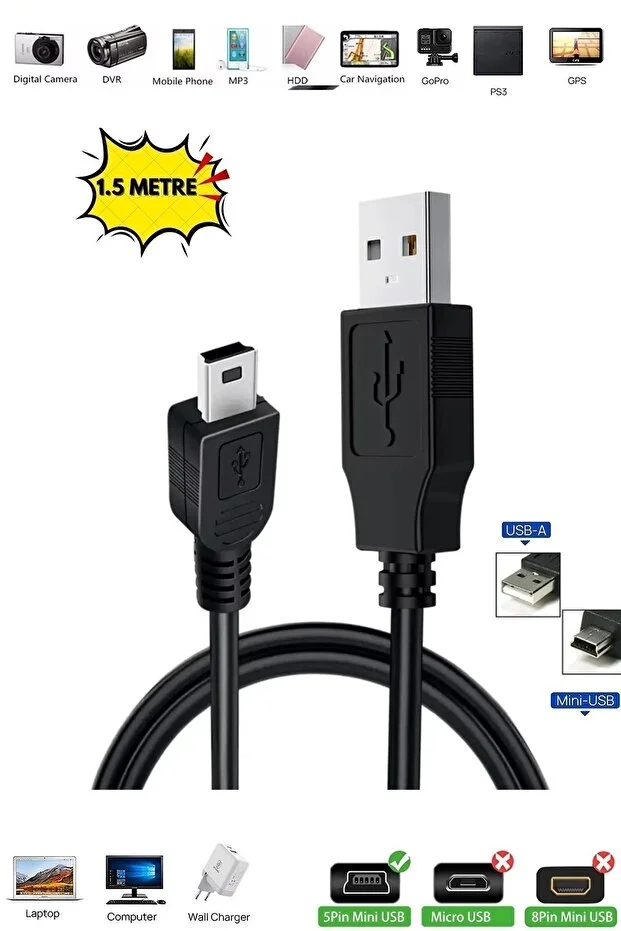 1.5 Metre Usb 2.0 Tip A Erkek 5pin Mini Usb Veri Şarj Kablosu Hdd İçin Mp3 Ps3 Kamera Gps V3 Kablosu 1,5m