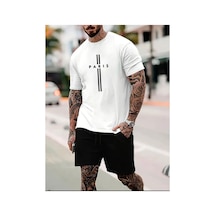 Medinenur Paris Baskılı T-shirt Short Bol Paça Rahat Kalıp Siyah Alt Siyah Üst Short Takım Beyaz