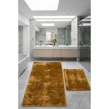 Relax Gold Büyük Boy 80x150 + 50x80 Cm 2'li Banyo Halısı Paspası Seti Kaymaz Klozet Takımı Altın