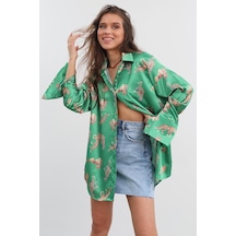 Madmext Mad Girls Leoparlı Yeşil Saten Gömlek Mg187-yeşil Yeşil