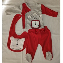 Erkek Bebek Önlüklü Üçlü Takım Kırmızı - Gri