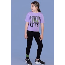 Toontoy Kids Toontoy Kız Çocuk 2'li Takım Baskılı Bisiklet Yaka T-shirt & Basic Düz Tayt Lila
