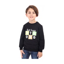 Toontoy Kids Toontoy Erkek Çocuk Relax Fit Bisiklet Yaka Baskılı Sweatshirt - 2 İplik Siyah