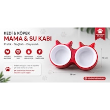 Kedi Kulaklı İkili Mama Ve Su Kabı 26x13 Cm Çift Bölmeli - Kırmızı