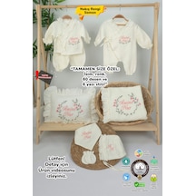 Gros Shop Müslin Yeni Doğan 4katlı Organik %100pamuk Kişiye Özgü Nakışlı Hastane Çıkış Seti Çiçek Model-2 Ekru-3