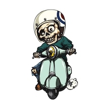 Scooter Kullanan Sevimli Iskelet Sticker Motor, Kask, Laptop, Araba Sticker 17x9cm