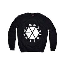 Exo Baskılı Bisiklet Yaka Sweatshırt Siyah Siyah