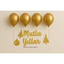 4 Adet Metalik Gold Balon Yılbaşı Mutlu Yıllar Kaligrafi Yazı Set