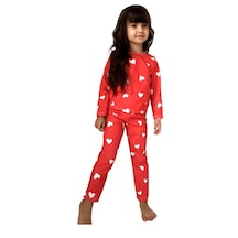Kız Çocuk Kalp Figürlü Kırmızı Pijama Takımı