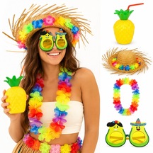 4 - 51 - Parça Hawaii Parti Seti Ananas Bardak Hasır Şapka Avokado Gözlük - Kmrsfres - Çiçek Kolye