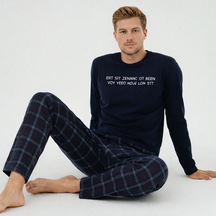 Charme Noveya Pamuklu Lacivert Erkek Pijama Takımı Uzun Kollu, Kareli Alt, Rahat Kalıp Ev Giyimi Lacivert