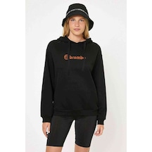 Brembo Logo Baskılı Siyah Kadın Kapşonlu Sweatshirt