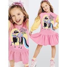 Deno Kids Denokids Kız Çocuk Unicorn Baskılı Pamuklu Elbise Pembe Renkli Kollu Rahat Ve Eğlenceli Tasarım 3-8 Yaş Çok Renkli