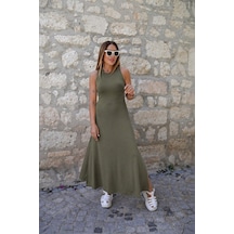 Veraura Lifestyle Kadın Arkadan Çapraz Detay Yuvarlak Yaka Maksi Viskon Elbise Haki