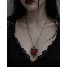 Gotik Kırmızı Kalp Zincirli Kolye Unisex Metal Tasarım Çok renkli
