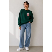 Herkesemoda Karakter Baskı Detaylı Şardonlu 2 İplik Bisiklet Yaka Sweatshirt Yeşil