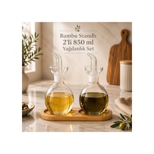 Bambu Standlı 2 Li 850 Ml Berosilikat Cam Damlatmaz Yağdanlık Seti Ayçiçek Yağı Zeytinyağ Şişesi 3 Parça Yağlık Set Gri Gri