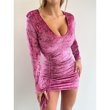 Pink Life Büzgü Detaylı Varak Baskılı Kadife Mini Elbise-pembe