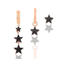 Gümüş Rose Siyah Taşlı Yıldızlar Kombin Üçlü Küpe Seti