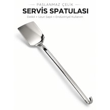 Beylini Endüstriyel Düz Servis Spatulası Delikli Paslanmaz Çelik Uzun Saplı Asılabilir Izgara Tava Lokanta Profesyonel Mutfak Gri