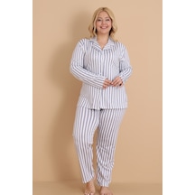 Wordex Mirano 9851 Uzun Kollu Şardonlu Soft Kışlık Düğmeli Büyük Beden Kalpli Kadın Pijama Takımı Gri