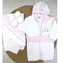 Milays Çiçek Nakışlı Gaye Bornoz Takımı Pembe