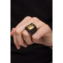 Yüzük Sanatı Kare Sarı Taşlı 925 Gümüş Erkek Yüzük