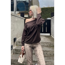 Madmext Kahverengi Kayık Yaka Basic Sweatshirt Mg2228 Kahverengi