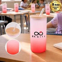 Logonuza Özel 5 Adet Pipetli Cam Matara 600 Ml Ahşap Kapaklı Kurumsal Suluk Pembe