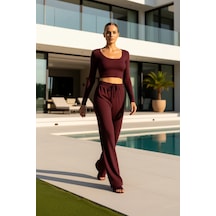 Benerly Kadın Alt Üst Koyu Yumoş Örme Crop Ve Geniş Paça Pantolon Takım F bordo