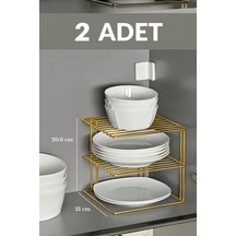 2'li Parlak Altın 3 Katlı Metal Dolap İçi Düzenleyici Raf, Tabak, Bardak Ve Kase Organizeri Çok Renkli