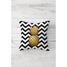 Ananas Ve Tropikal Meyve Desenli Gizli Fermuarlı Kırlent Kılıfı Koltuk Yastık Kılıfı Takım 4adet , Gold-siyah Beyaz 45 X 45 50 x 22