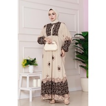 Leopar Desenli Robalı Viscon Elbise-bej-4801 Bej