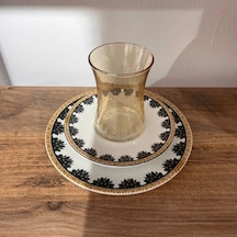 Çiçek Desenli Kehribar Çay Bardağı Takımı 18 Parça Beyaz