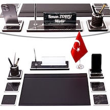 Star Bayraklı Mermer Desenli Ahşap Sümen Takımı Deri Sümen Seti Masa İsimliği - Gümüş