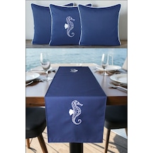 Kırlent Kılıfı 45x45 3'lü Set + 145x40 Runner Marin Nakışlı Deniz Atı Desen Su İtici Outdoor Keten Lacivert