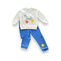 6-9-12-18 Ay Emoje Baskılı Pamuk Penye Kumaş Erkek Bebek Takımı Mavi Çok Renkli