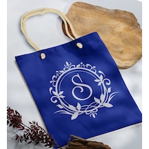 Bk Gift Kişiye Özel Harfli Saks Mavi Halat Saplı Kumaş Bez Çanta-3, Baskılı Omuz Çantası, Alışveriş Çantası