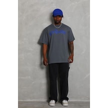 Erkek Baskılı Tişort Kısa Kol Bisiklet Yaka Oversize T-shirt - Füme
