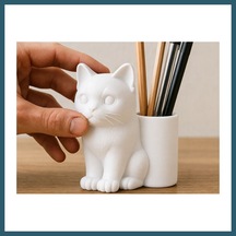 Bezos 3d Baskı Kedi Figürlü Kalemlik - Masaüstü Organizer - Beyaz Ob