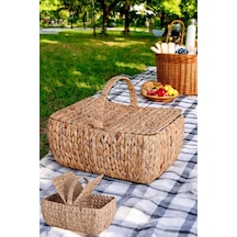 El Yapımı Su Sümbülü Kapaklı Büyük Boy Hasır Örme Piknik Sepeti Dikdörtgen - 46x30cm - 20-36cm