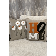 2 Li Dekoratif Kırlent Kılıfı Home Yazılı Papatya Desenli Modern Bohem Salon Bej Bej