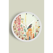 Soyut Doğa - Kuş Manzara Temalı Modern Duvar Saati - 35cm - Önü Camlı Beyaz Kasa - Sessiz Mekanizma Beyaz