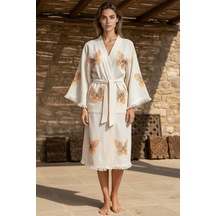 Varol Organik %100 Pamuk Kimono Yaka Sabahlık Bornoz - Kelebek Krem