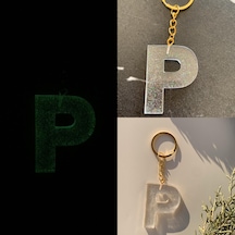 P Harfi Fosforlu Neon Yeşil Renk Parlak Simli Gold Aksesuarlı Anahtarlık