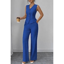 Defymoda Kadın Askılı Önden Düğmeli Bluz Ve Pantolon Keten Ikili Takım Mavi